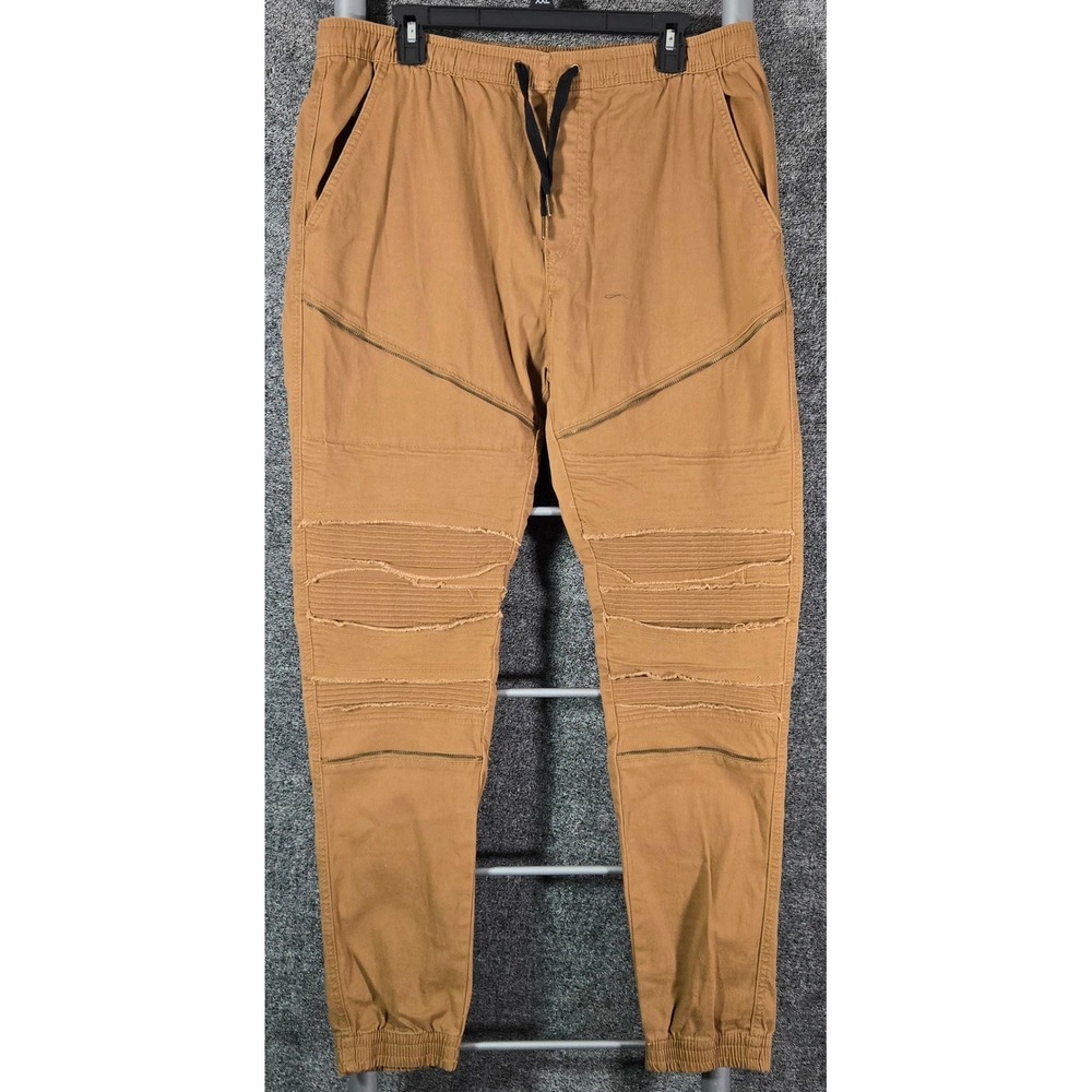 Brooklyn Cloth Mens XL Moto Jogger Pants Brown Distressed Ribbed Zippers 34x32
